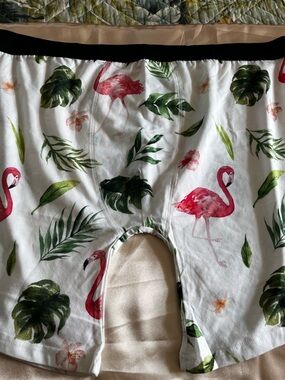 Flamingo Print Men's Boxer Briefs - White with Pink & Green